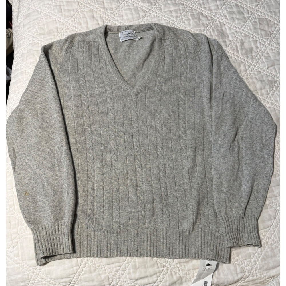 Harrods Cable Knit Cashmere V-Neck Sweater Mens 44 Gray Made in Scotland